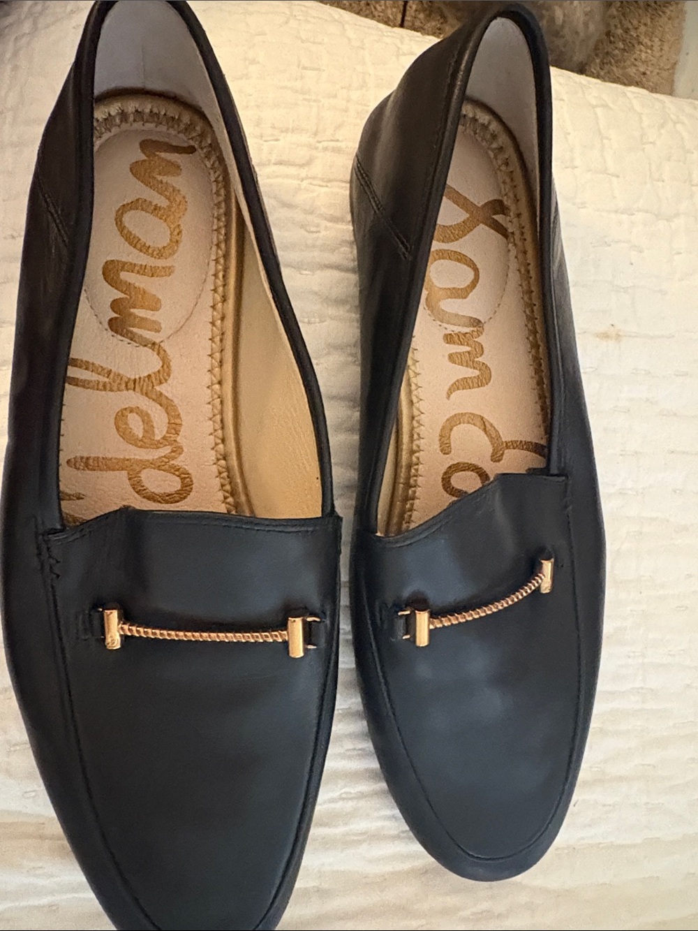 Sam Edelman Black Leather Loafers with Gold Chain Accent